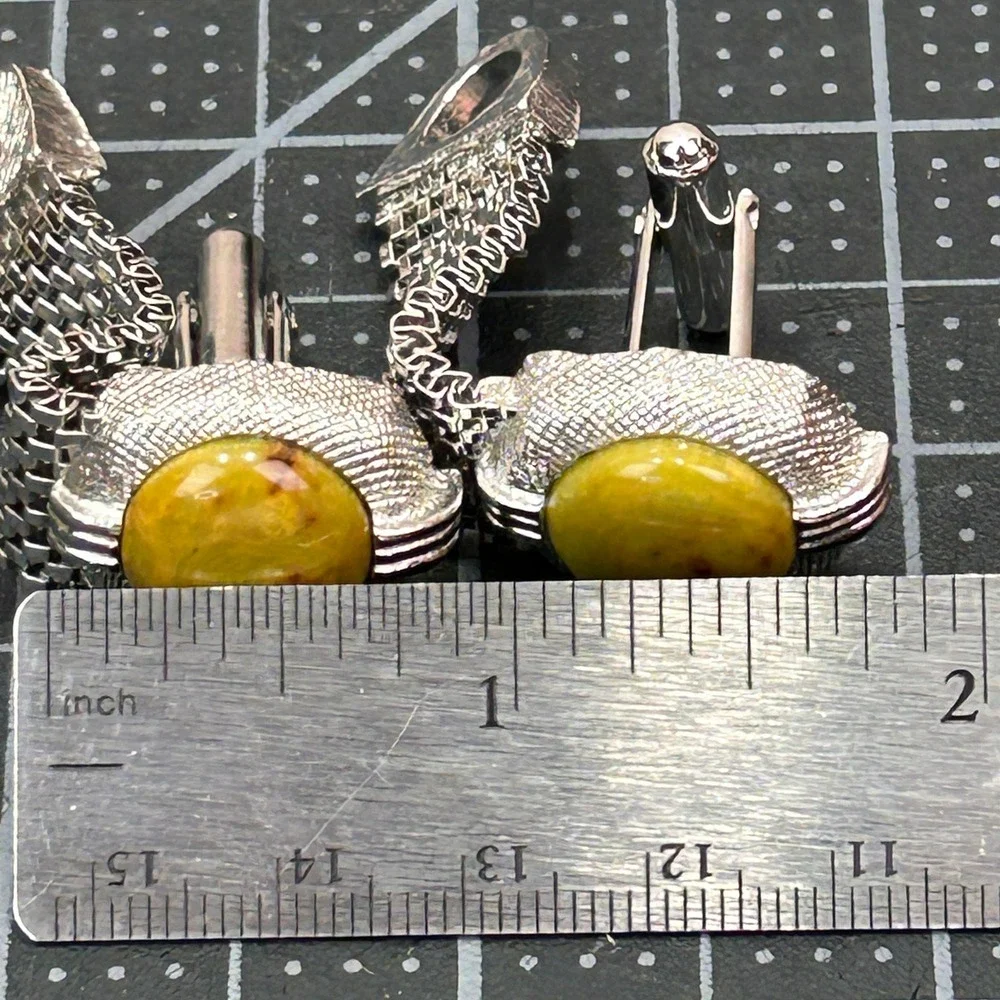 Swank Vintage Mens Wrap Mesh Cufflinks Tie‎ Tack Set Silver Tone Yellow Cabochon